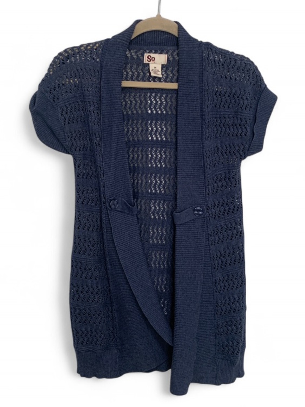 Y2K SO Blue Open-Knit Short Sleeve Cardigan Sweater